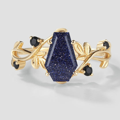 Unique Design Coffin Cut Blue Sandstone Leaf Engagement Ring