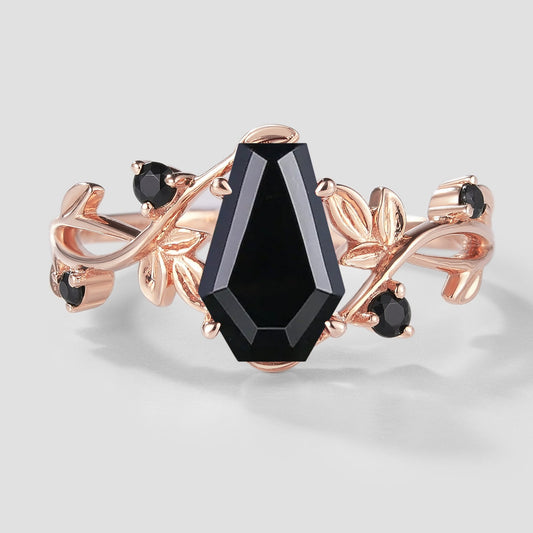 Coffin Cut Black Onyx Leaf Engagement Ring
