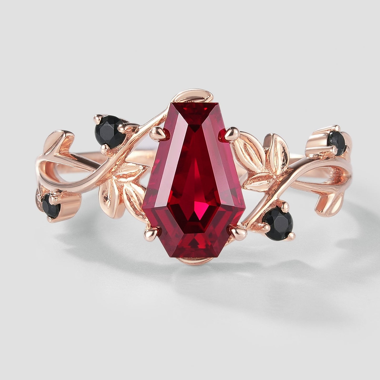 Unique Design Coffin Cut Lab Grown Ruby Leaf Promise Ring