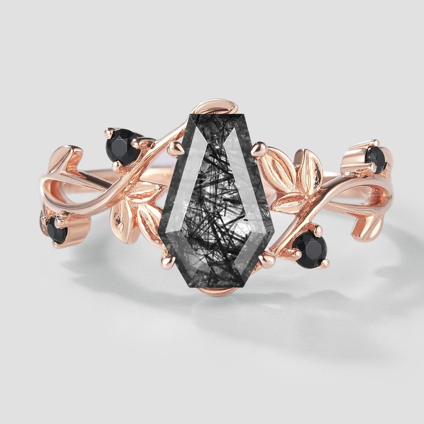 Unique Design Coffin Cut Black Rutilated Quartz Leaf Proposal Ring