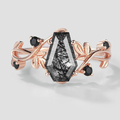 Unique Design Coffin Cut Black Rutilated Quartz Leaf Proposal Ring