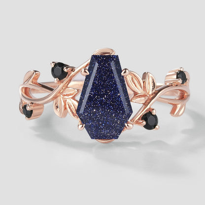 Unique Design Coffin Cut Blue Sandstone Leaf Engagement Ring