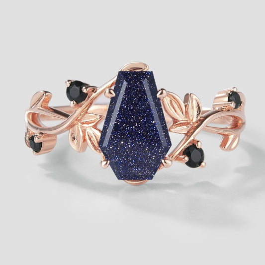 Unique Design Coffin Cut Blue Sandstone Leaf Engagement Ring