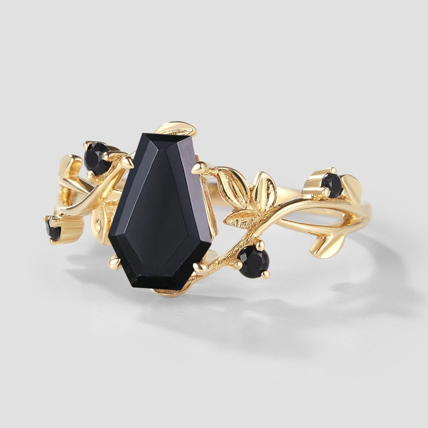 Coffin Cut Black Onyx Leaf Engagement Ring