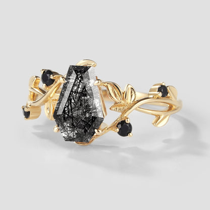 Unique Design Coffin Cut Black Rutilated Quartz Leaf Proposal Ring
