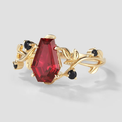 Unique Design Coffin Cut Lab Grown Ruby Leaf Promise Ring