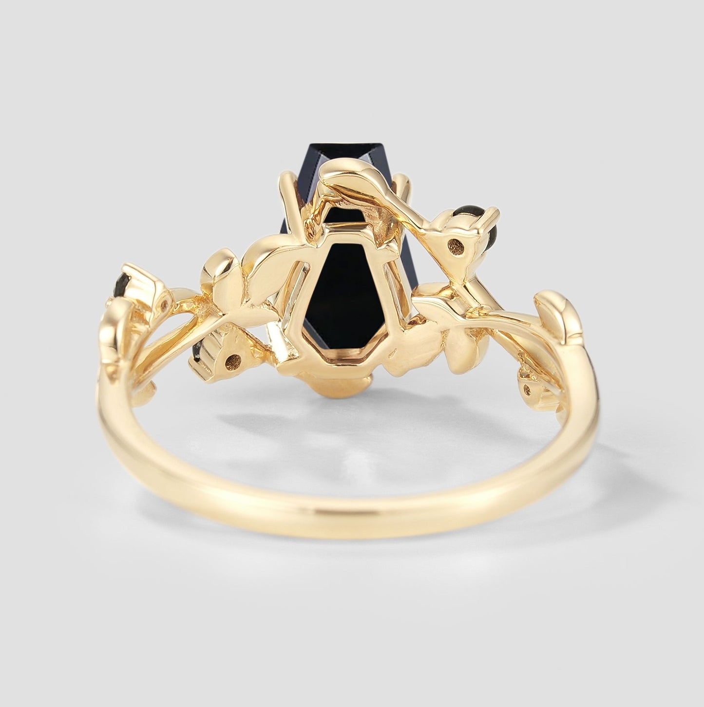 Coffin Cut Black Onyx Leaf Engagement Ring