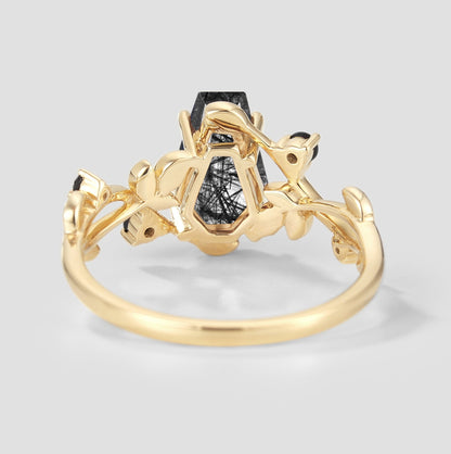 Unique Design Coffin Cut Black Rutilated Quartz Leaf Proposal Ring