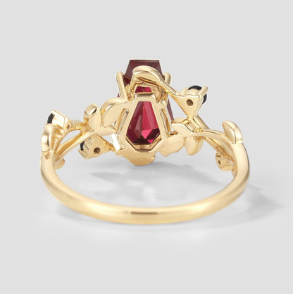 Unique Design Coffin Cut Lab Grown Ruby Leaf Promise Ring