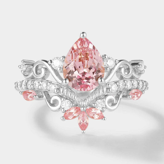 Pear Cut Lab Padparadscha Pink Sapphire Engagement Ring