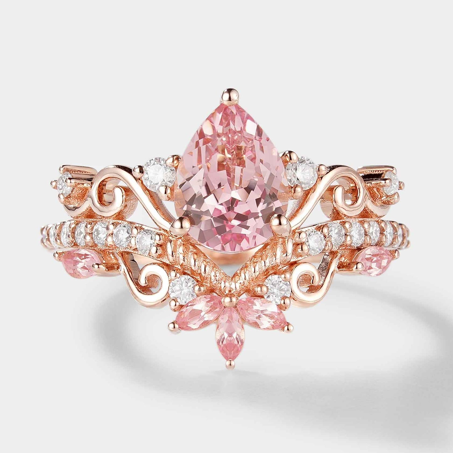 Pear Cut Lab Padparadscha Pink Sapphire Engagement Ring