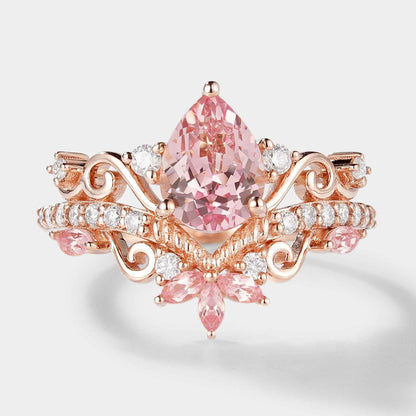 Pear Cut Lab Padparadscha Pink Sapphire Engagement Ring