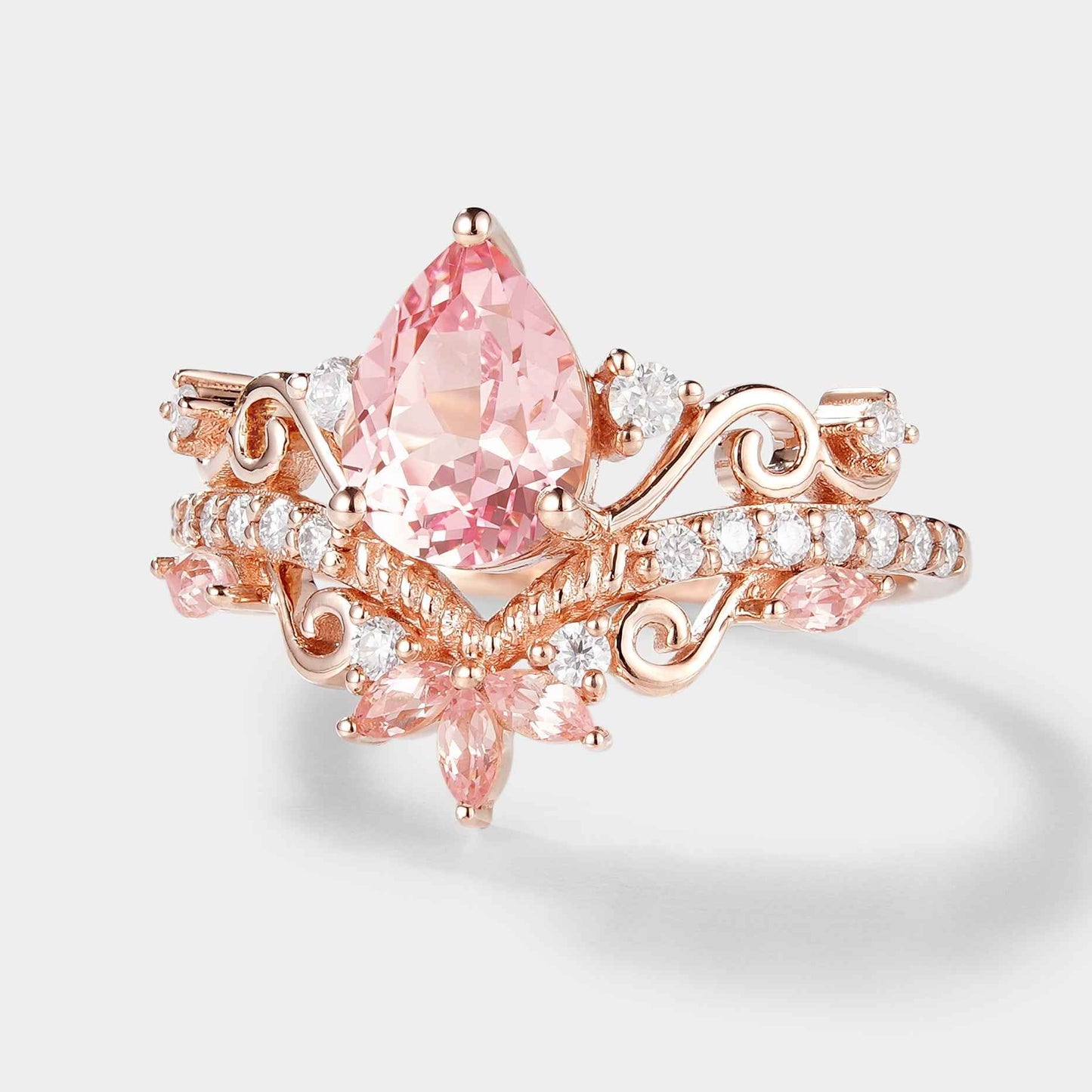 Pear Cut Lab Padparadscha Pink Sapphire Engagement Ring