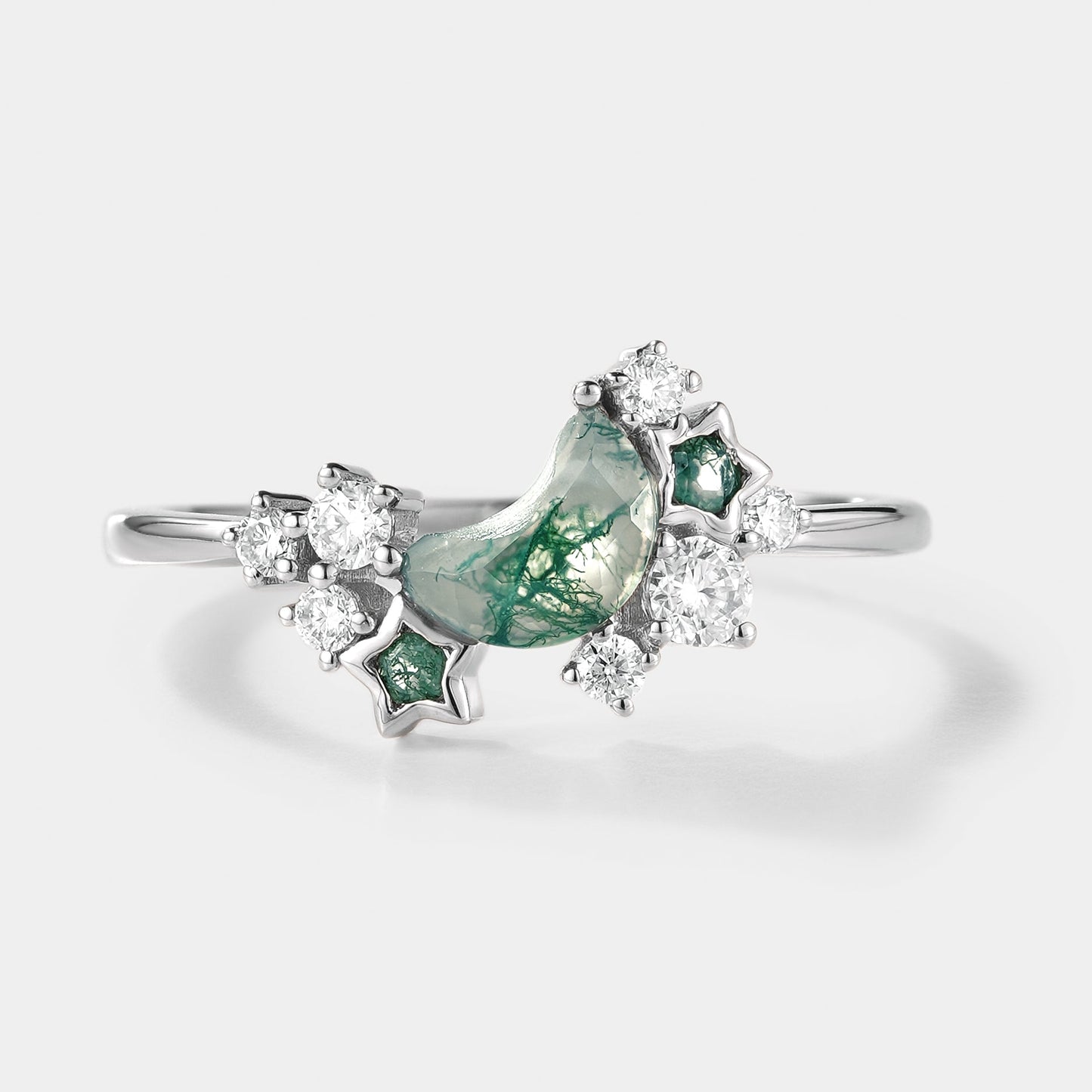 Unique Star & Moon Moss Agate Engagement Ring