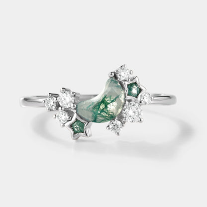 Unique Star & Moon Moss Agate Engagement Ring