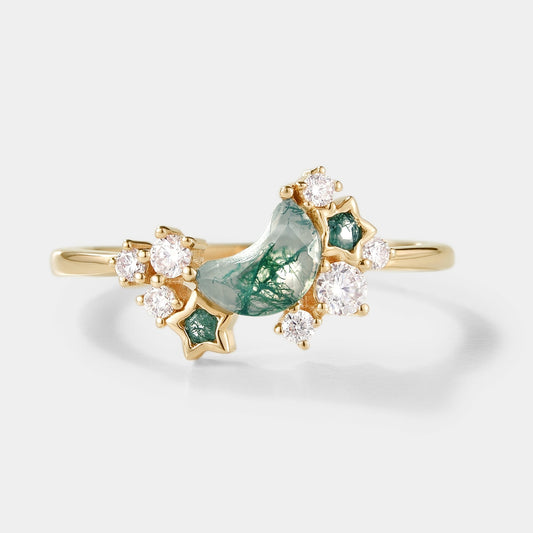 Unique Star & Moon Moss Agate Engagement Ring