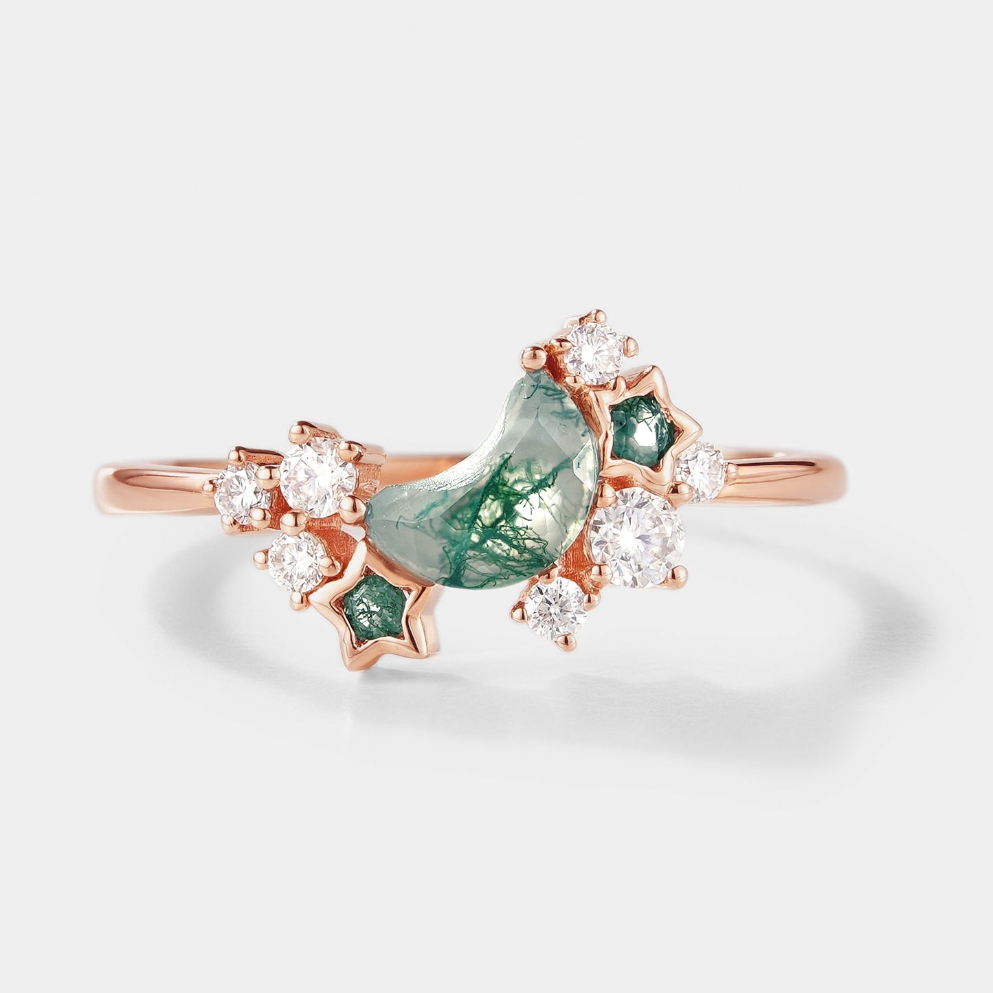 Unique Star & Moon Moss Agate Engagement Ring