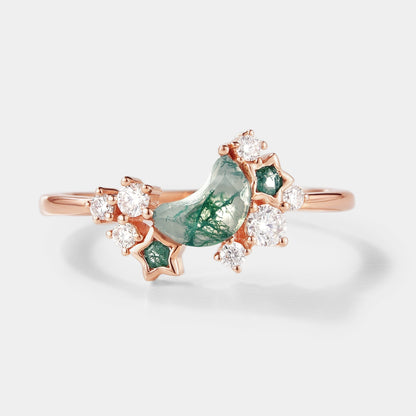 Unique Star & Moon Moss Agate Engagement Ring