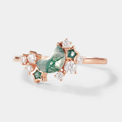 Unique Star & Moon Moss Agate Engagement Ring