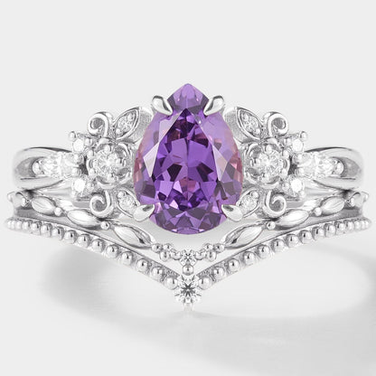 Pear Cut Purple Sapphire Engagement Ring Set 2pcs