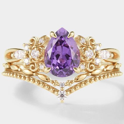 Pear Cut Purple Sapphire Engagement Ring Set 2pcs