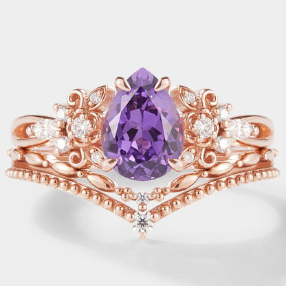 Pear Cut Purple Sapphire Engagement Ring Set 2pcs