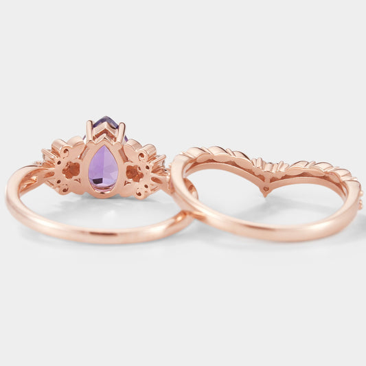 Pear Cut Purple Sapphire Engagement Ring Set 2pcs
