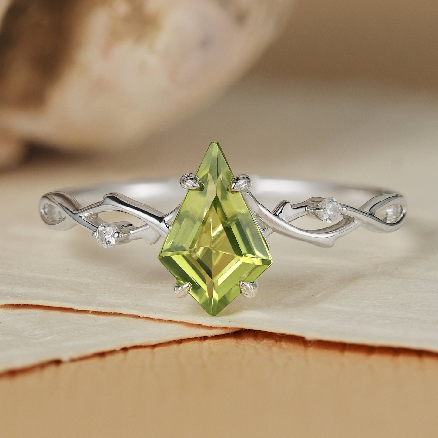 Unique Kite Cut Peridot Vine Gemstone Ring