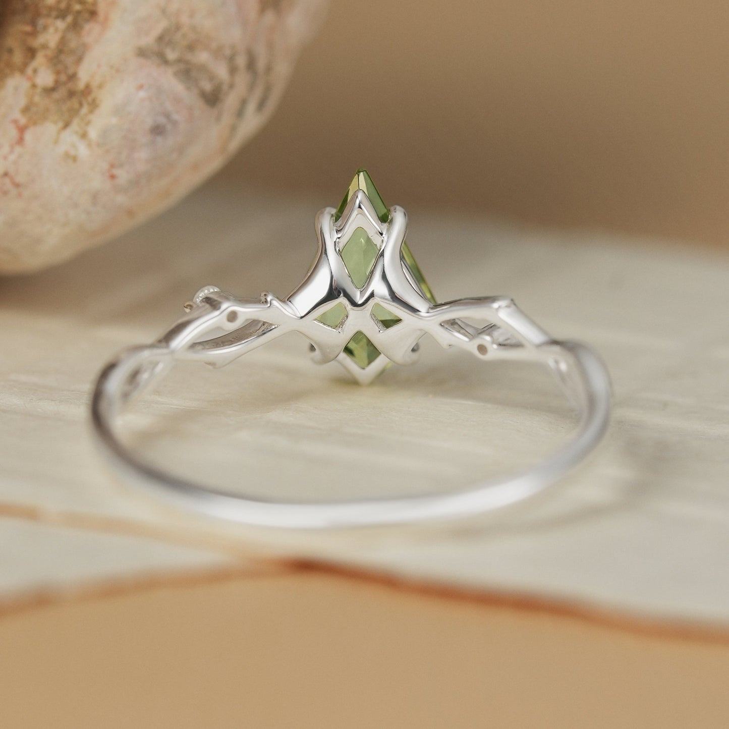 Unique Kite Cut Peridot Vine Gemstone Ring