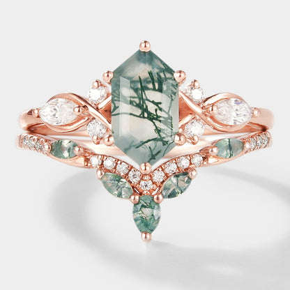 Long Hexagon Moss Agate Bridal Set 2pcs
