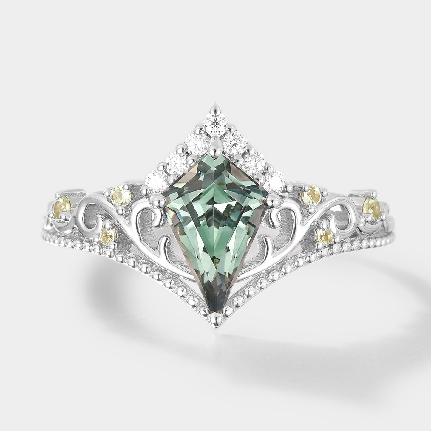 Unique Kite Cut Lab Green Sapphire Promise Ring