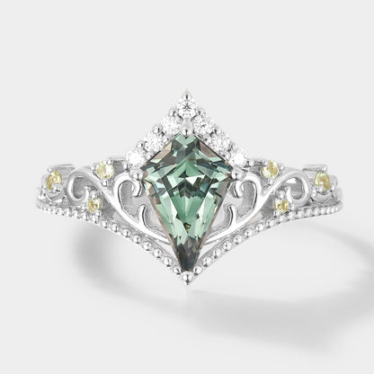 Unique Kite Cut Lab Green Sapphire Promise Ring