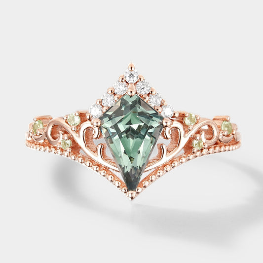 Unique Kite Cut Lab Green Sapphire Promise Ring
