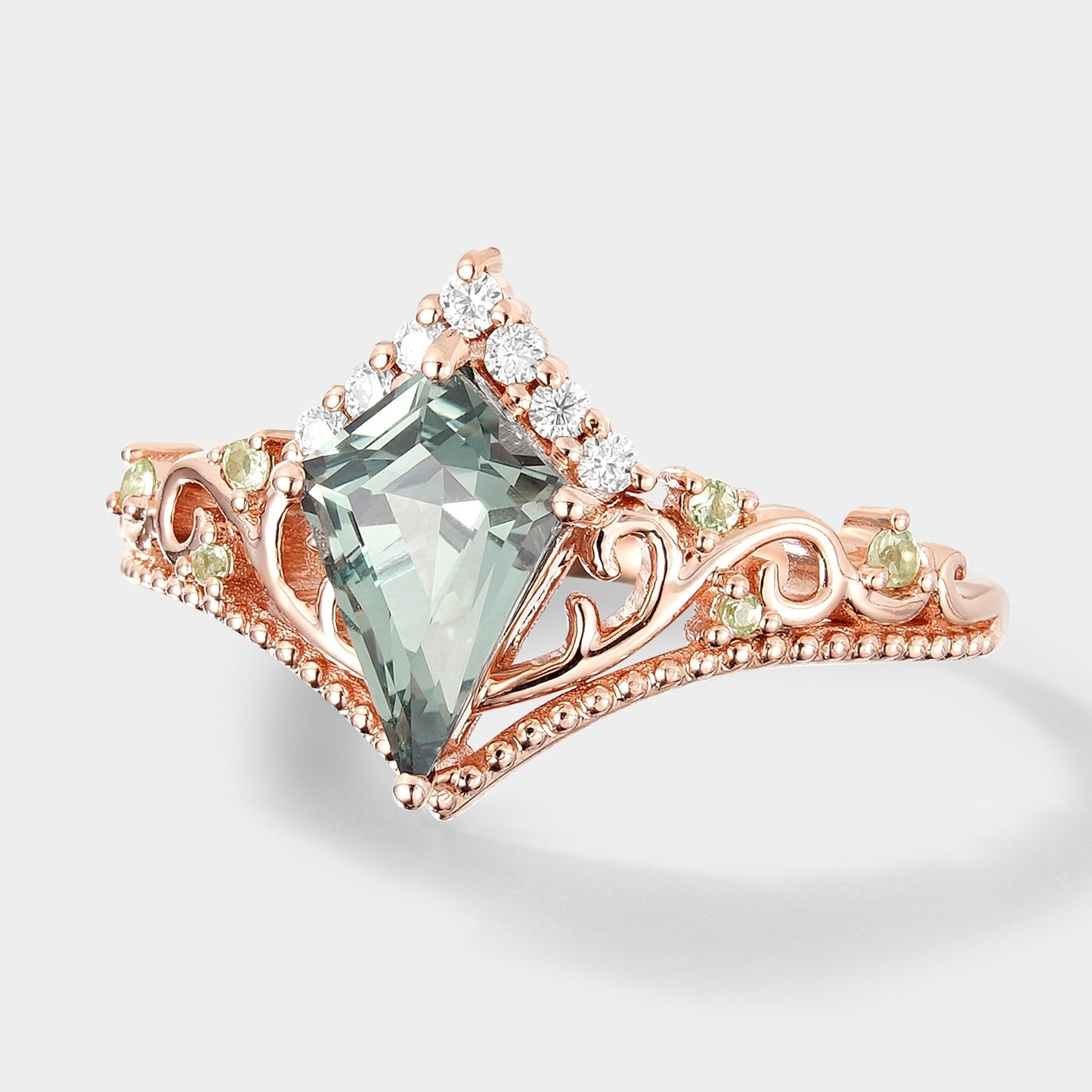 Unique Kite Cut Lab Green Sapphire Promise Ring