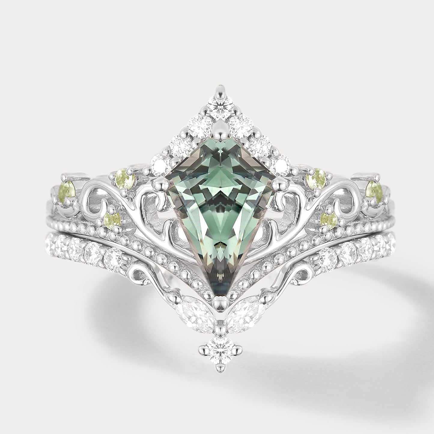 Unique Kite Cut Lab Green Sapphire Engagement Ring Set 2pcs