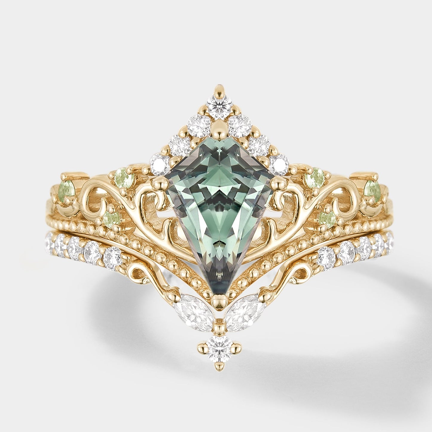 Unique Kite Cut Lab Green Sapphire Engagement Ring Set 2pcs