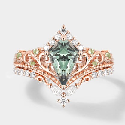 Unique Kite Cut Lab Green Sapphire Engagement Ring Set 2pcs