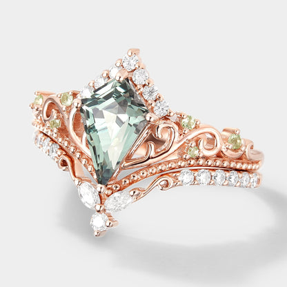 Unique Kite Cut Lab Green Sapphire Engagement Ring Set 2pcs