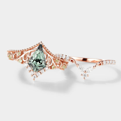 Unique Kite Cut Lab Green Sapphire Engagement Ring Set 2pcs
