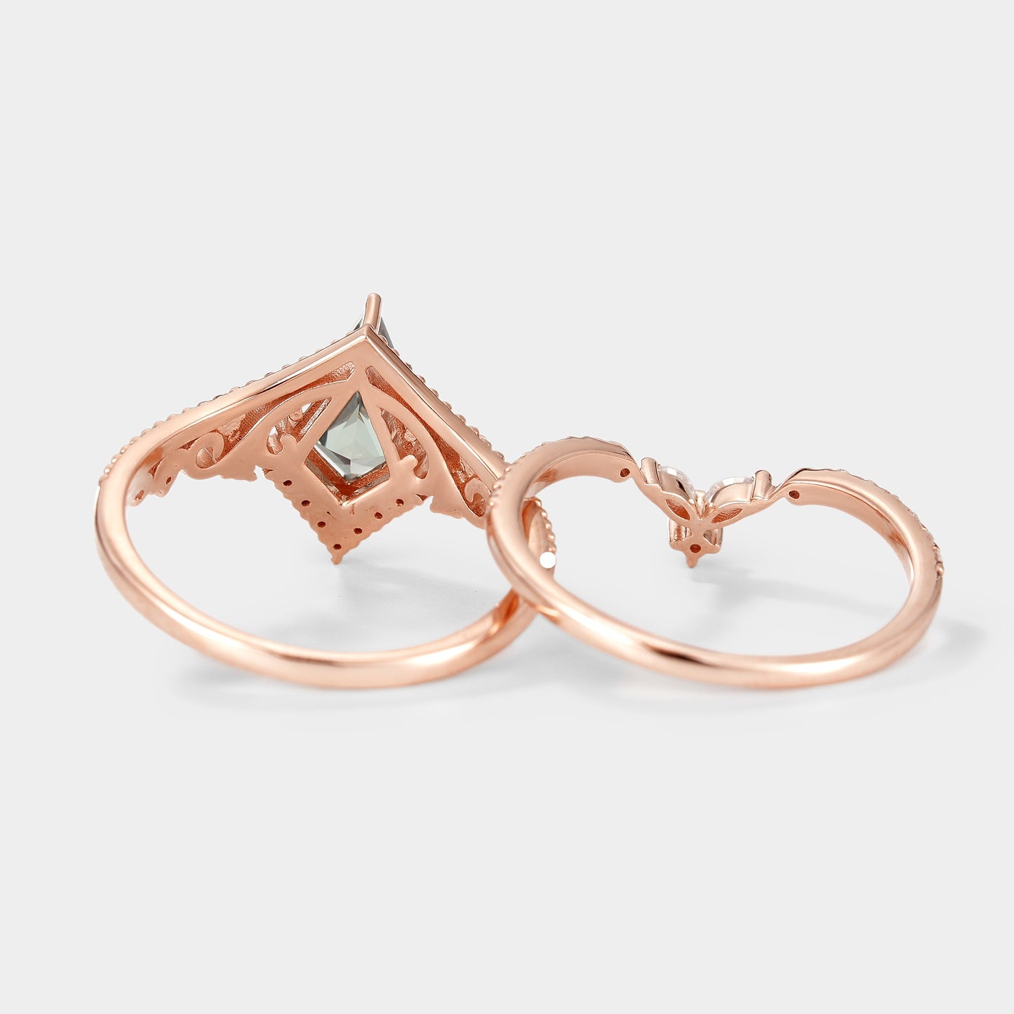 Unique Kite Cut Lab Green Sapphire Engagement Ring Set 2pcs