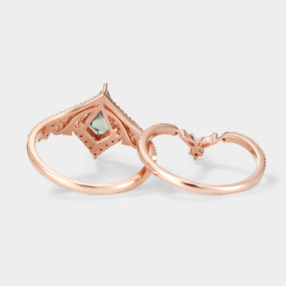 Unique Kite Cut Lab Green Sapphire Engagement Ring Set 2pcs