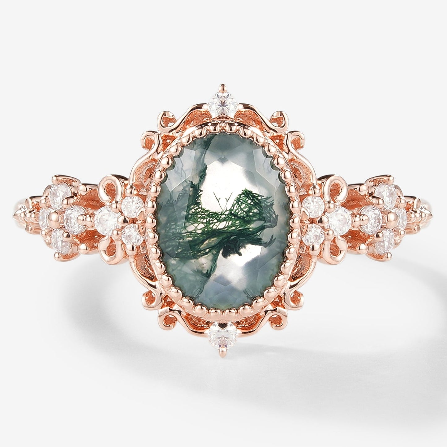 Oval Cut Moss Agate Vintage Engagement Ring