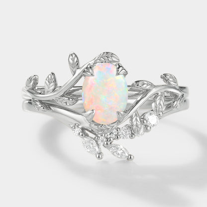 Oval Cut Opal Nature Inspired Leaf Engagement Ring Set 2pcs