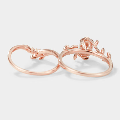 Oval Cut Opal Nature Inspired Leaf Engagement Ring Set 2pcs