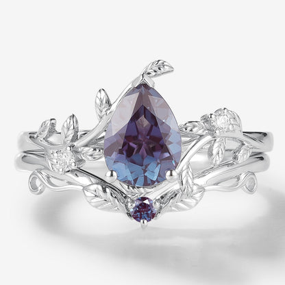 Pear Cut Alexandrite Leaf Inspired Wedding Ring Sets 2pcs