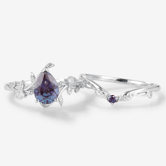 Pear Cut Alexandrite Leaf Inspired Wedding Ring Sets 2pcs
