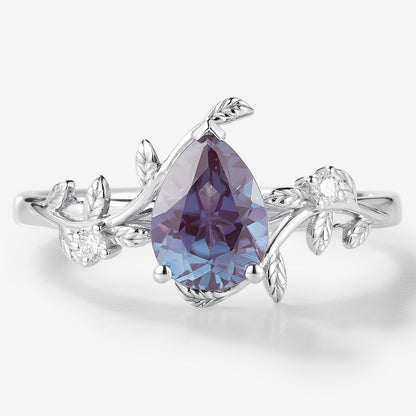 Pear Cut Alexandrite Leaf Inspired Engagement Ring