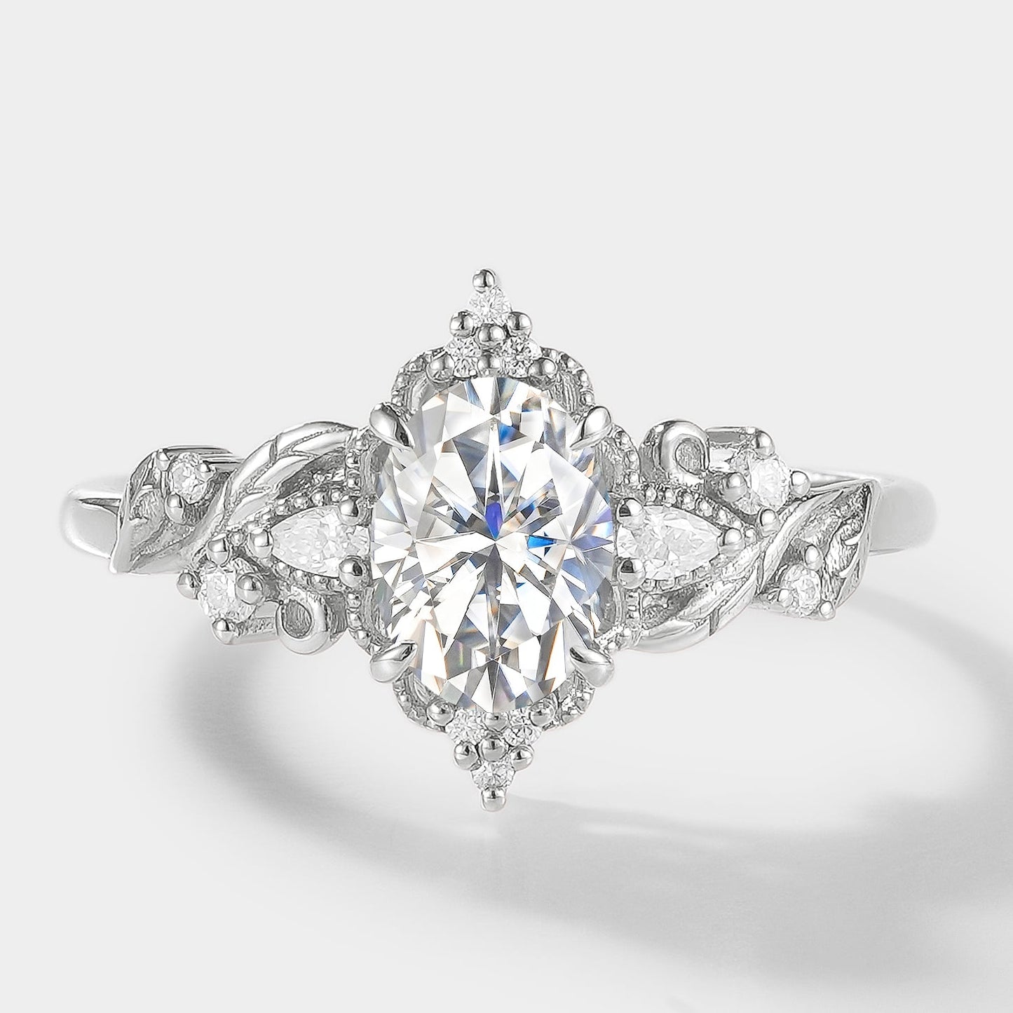 Oval Cut Moissanite Ring with Elongated Leaf Design – Aurelia