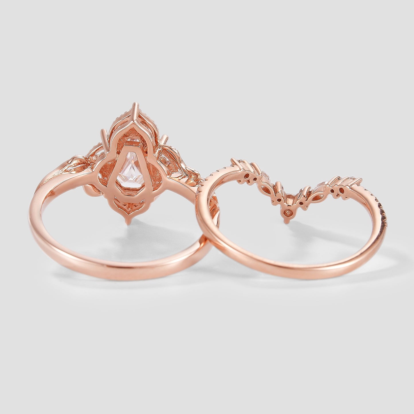 Unique Coffin Cut Moissanite Engagement Ring Leaf Bridal Set 2pcs