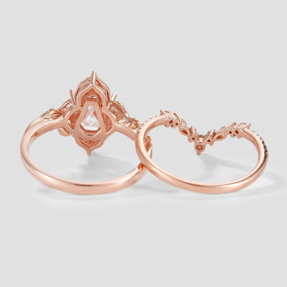 Unique Coffin Cut Moissanite Engagement Ring Leaf Bridal Set 2pcs